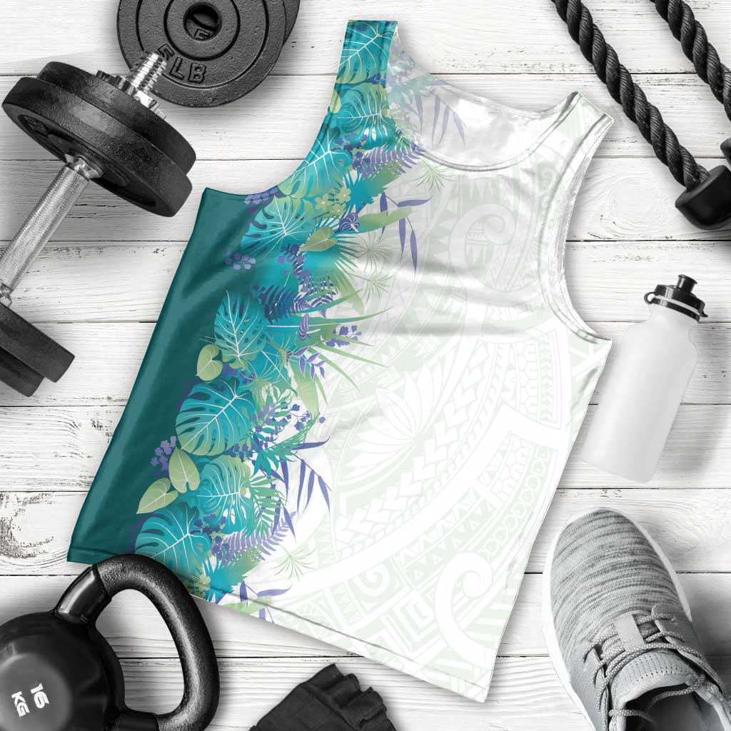 Hawaii Tropical Plant Teal Men Tank Top Vibrant Polynesian Pattern