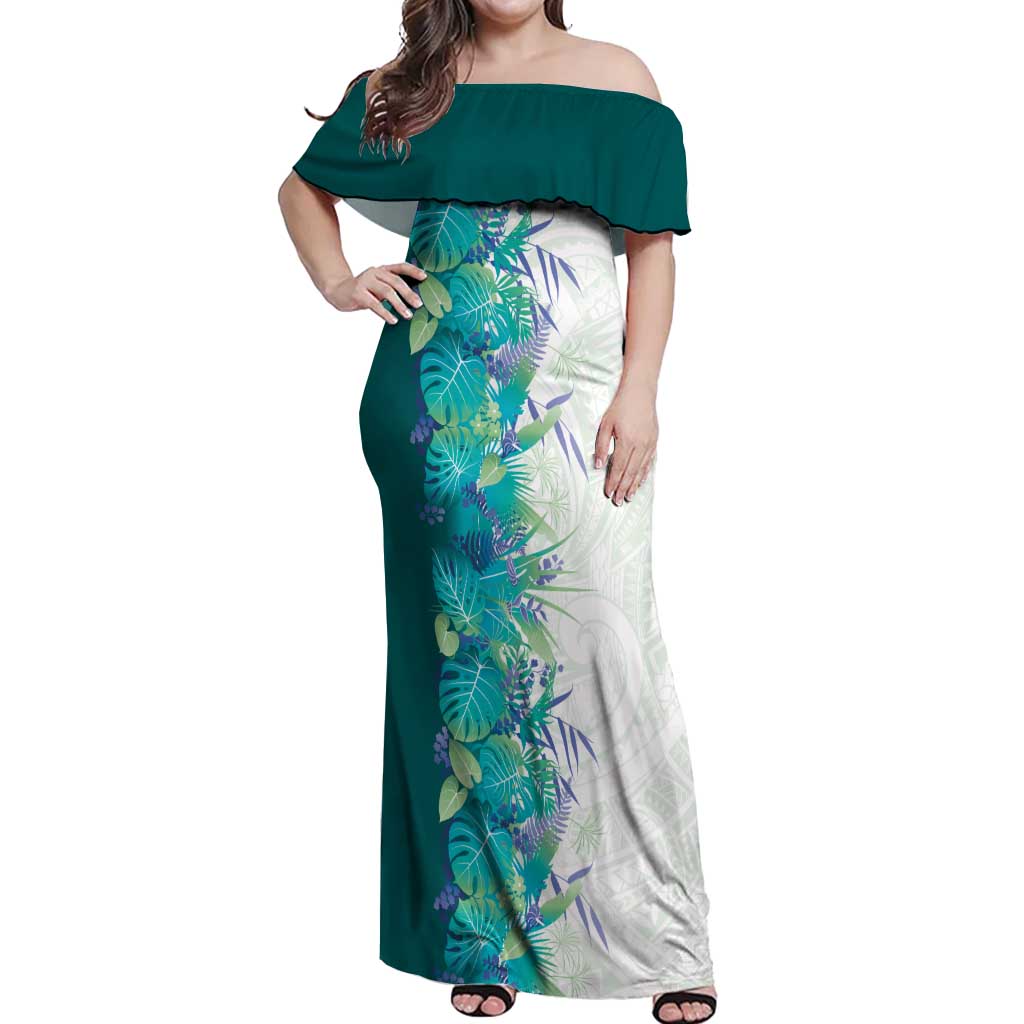 Hawaii Tropical Plant Teal Off Shoulder Maxi Dress Vibrant Polynesian Pattern