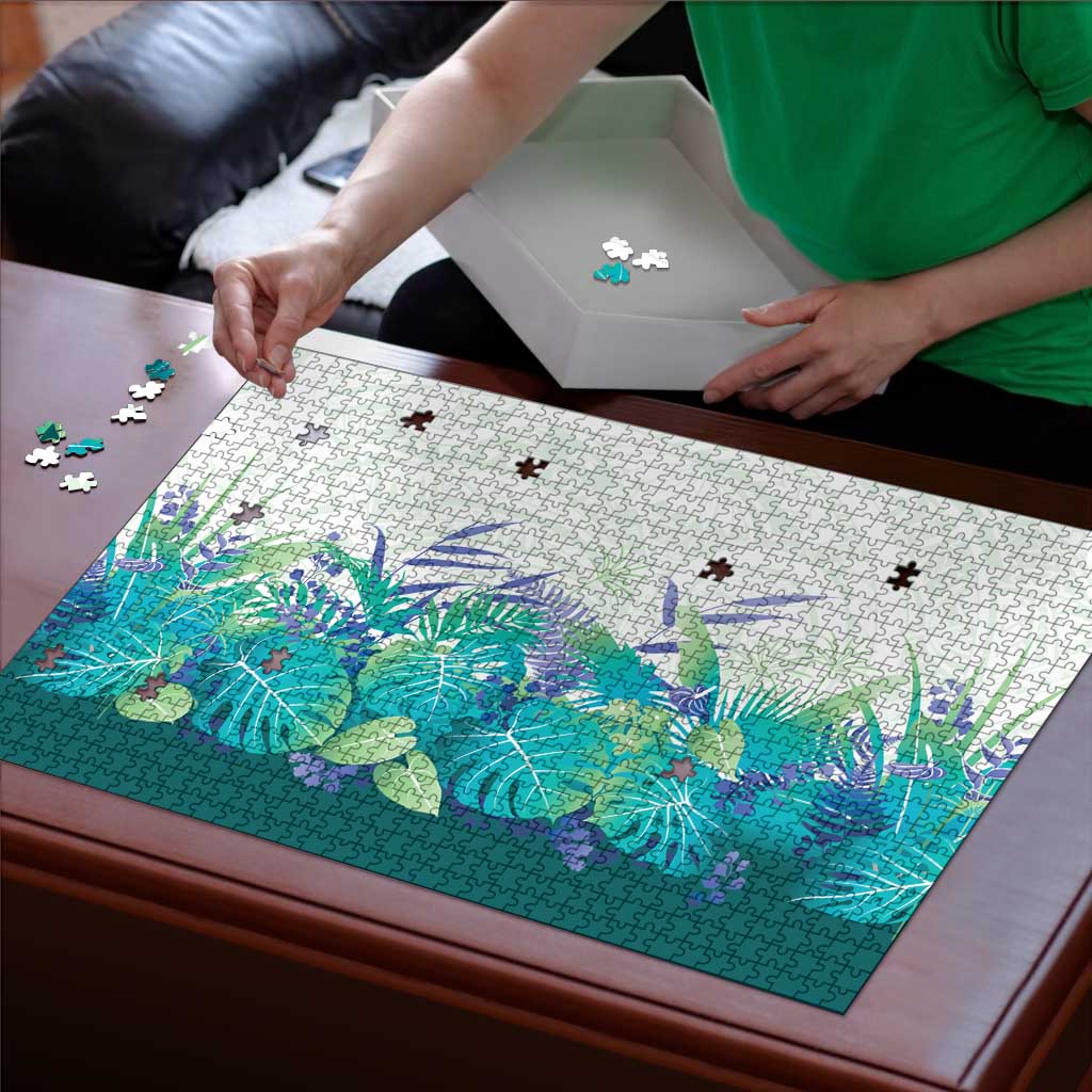Hawaii Tropical Plant Teal Puzzle Vibrant Polynesian Pattern
