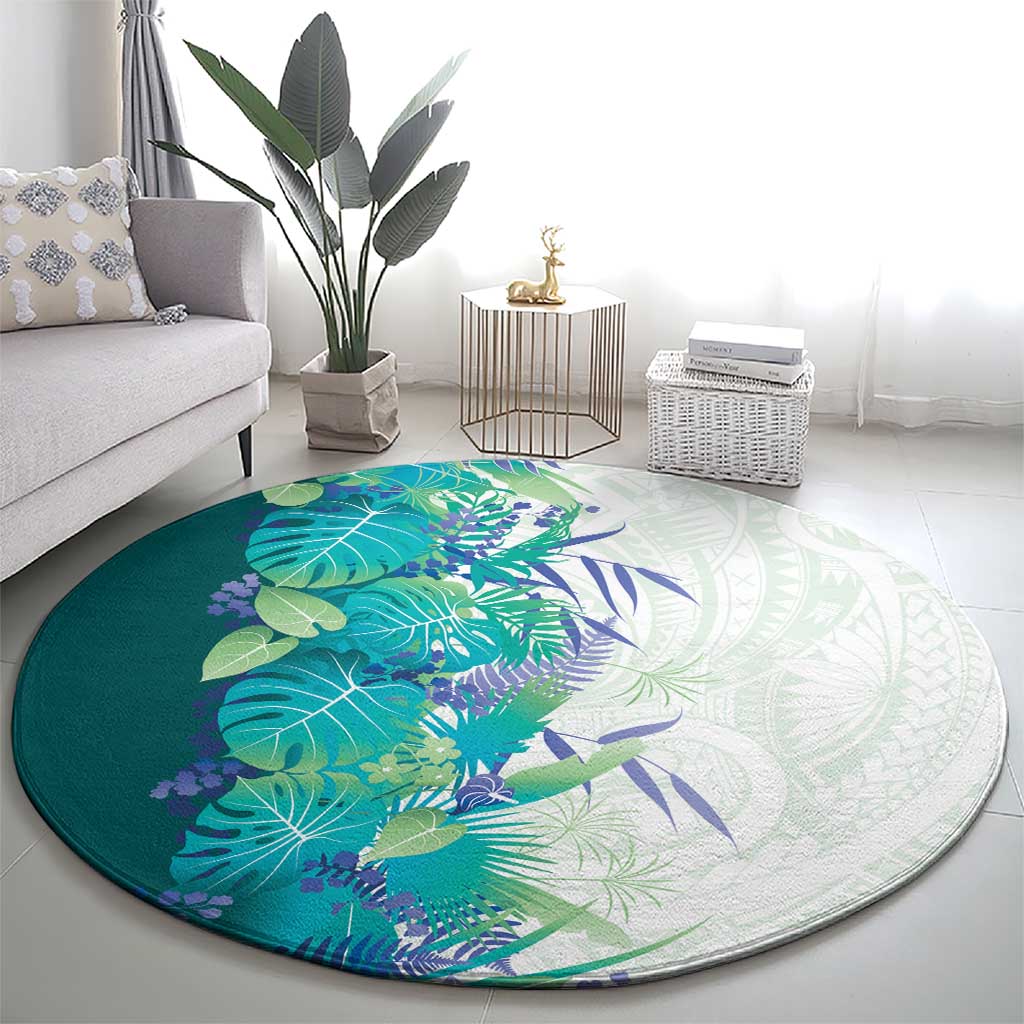 Hawaii Tropical Plant Teal Round Carpet Vibrant Polynesian Pattern
