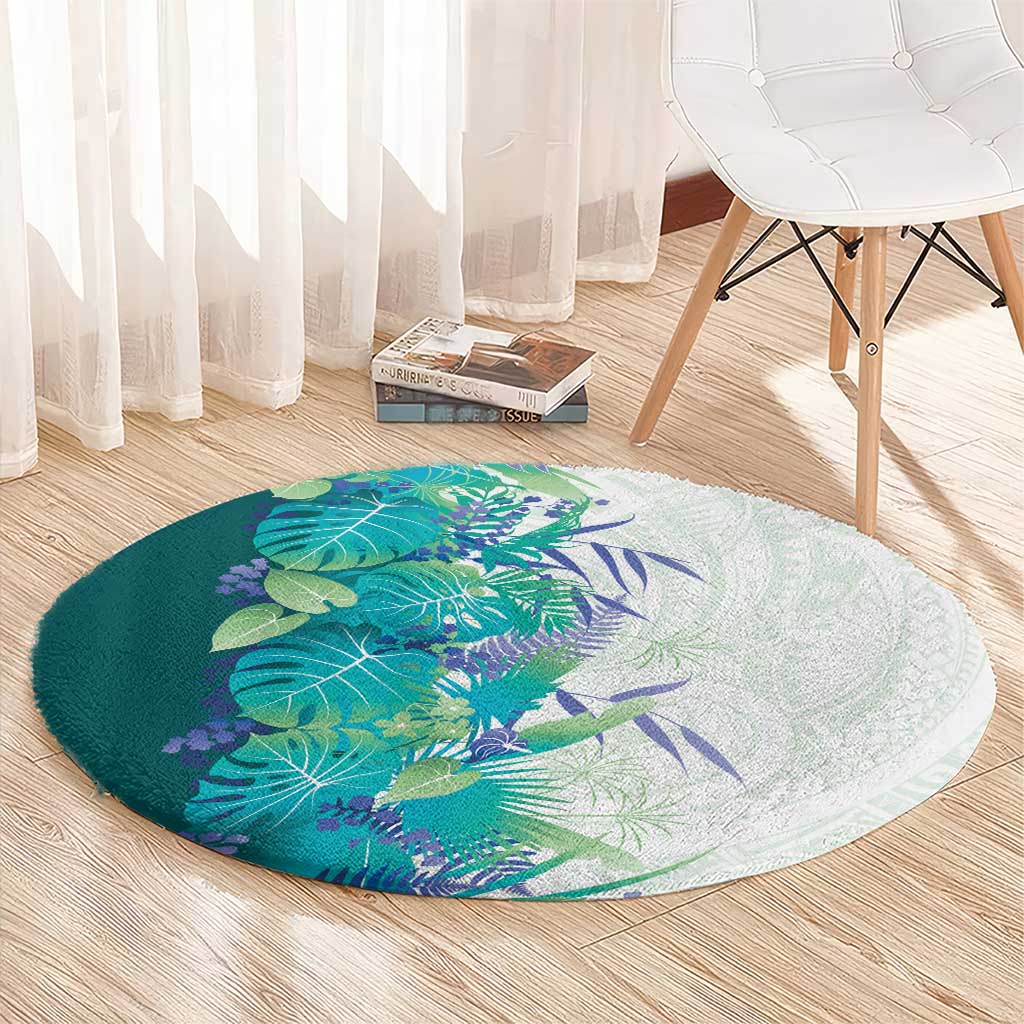 Hawaii Tropical Plant Teal Round Carpet Vibrant Polynesian Pattern