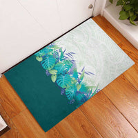 Hawaii Tropical Plant Teal Rubber Doormat Vibrant Polynesian Pattern