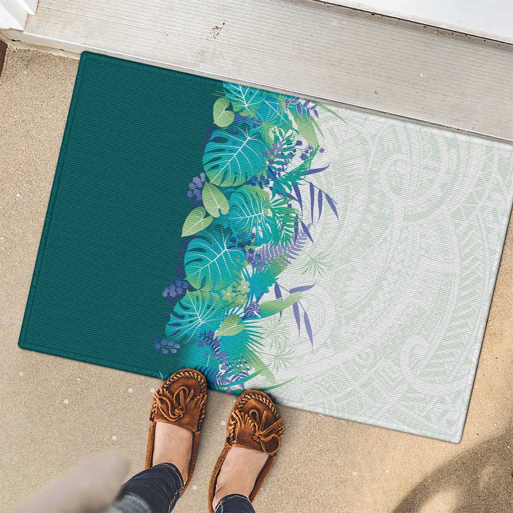 Hawaii Tropical Plant Teal Rubber Doormat Vibrant Polynesian Pattern