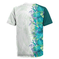 Hawaii Tropical Plant Teal Rugby Jersey Vibrant Polynesian Pattern