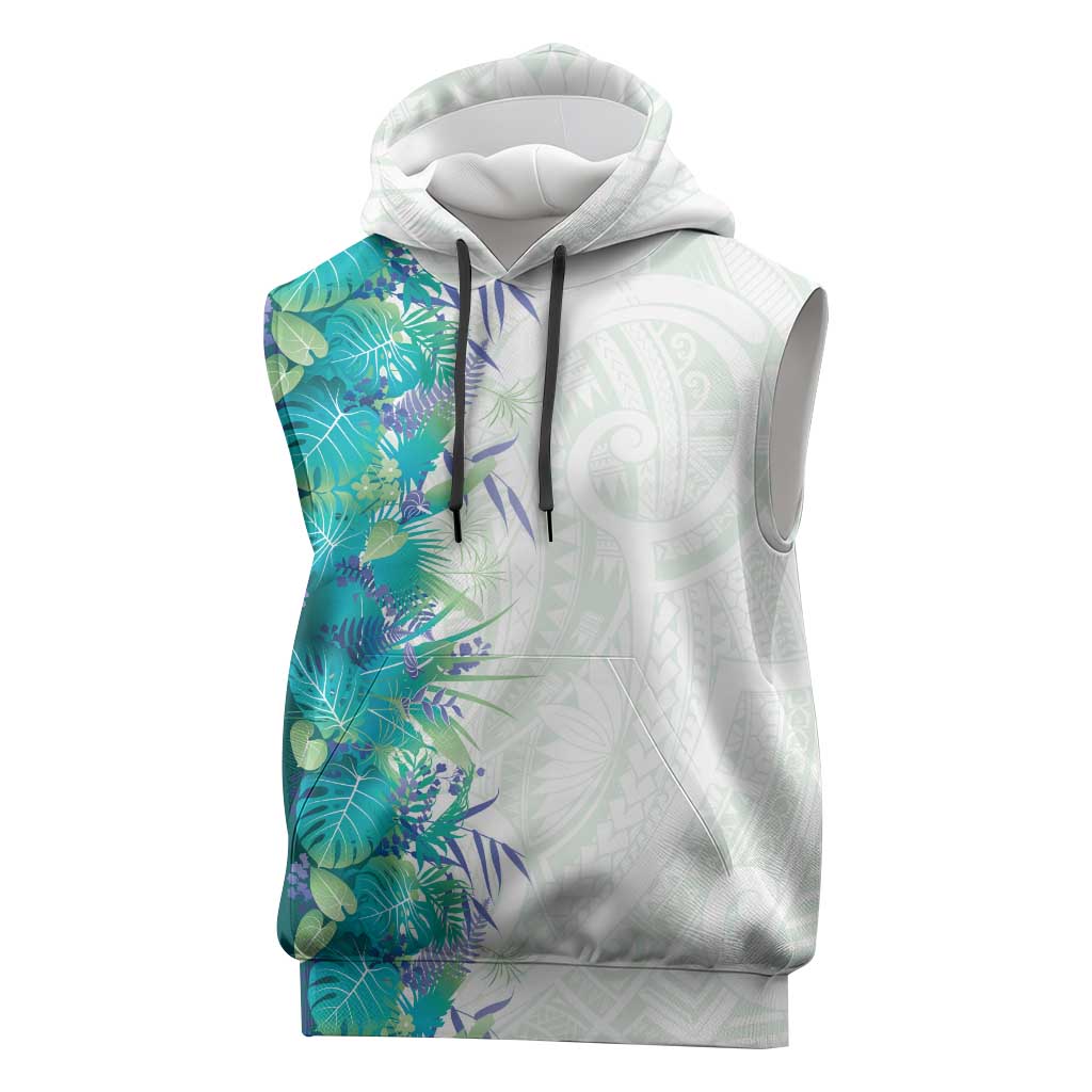 Hawaii Tropical Plant Teal Sleeveless Hoodie Vibrant Polynesian Pattern