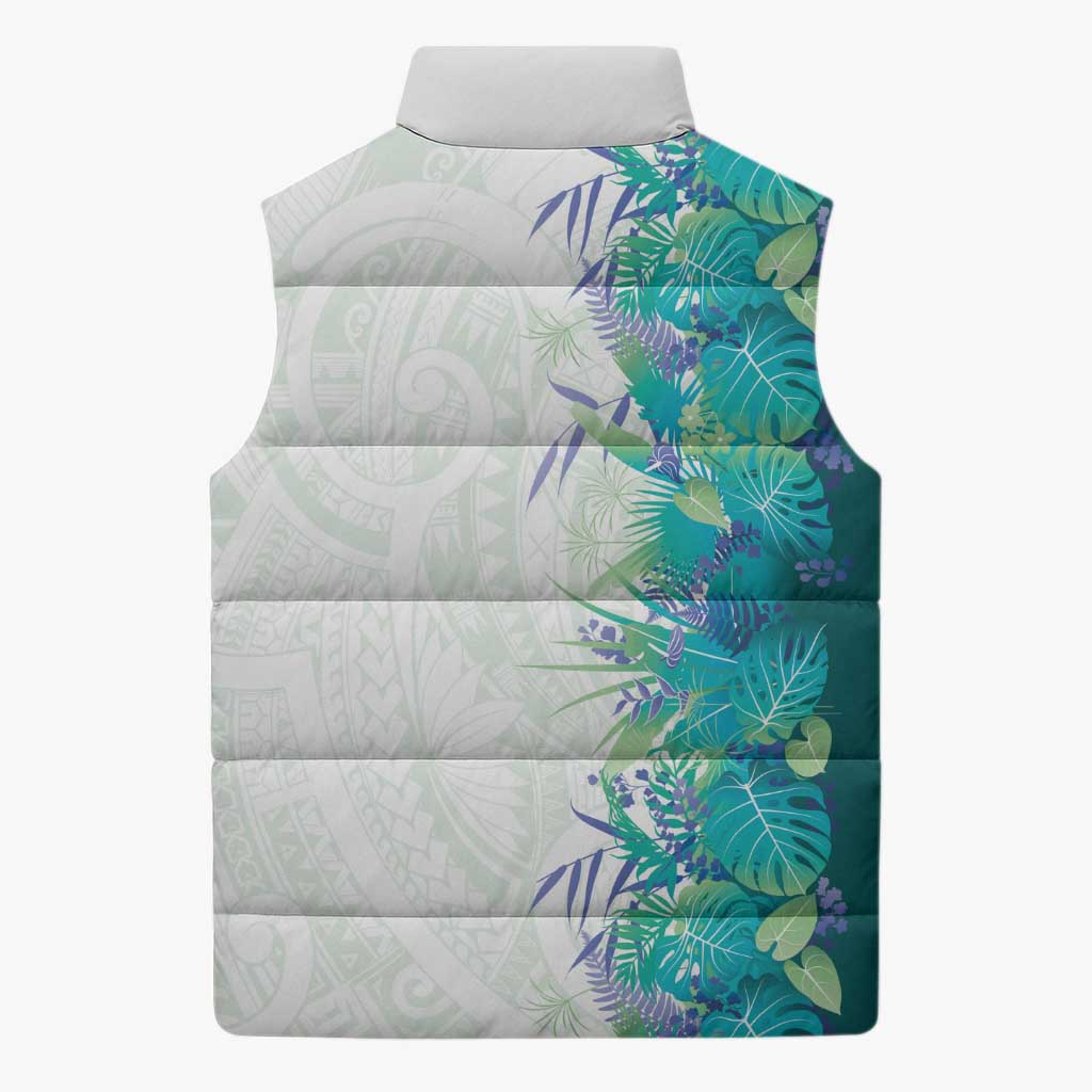Hawaii Tropical Plant Teal Sleeveless Puffer Jacket Vibrant Polynesian Pattern