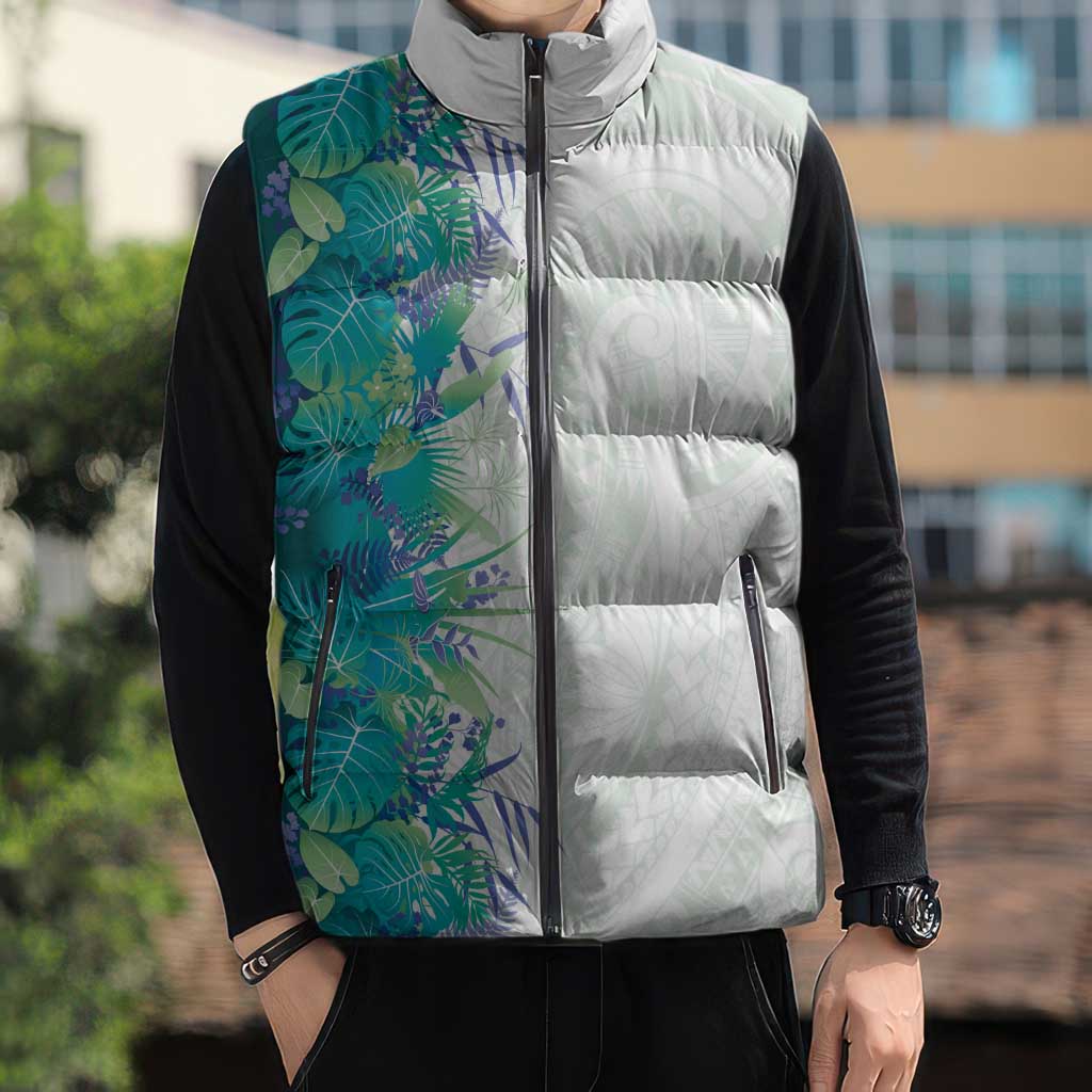 Hawaii Tropical Plant Teal Sleeveless Puffer Jacket Vibrant Polynesian Pattern