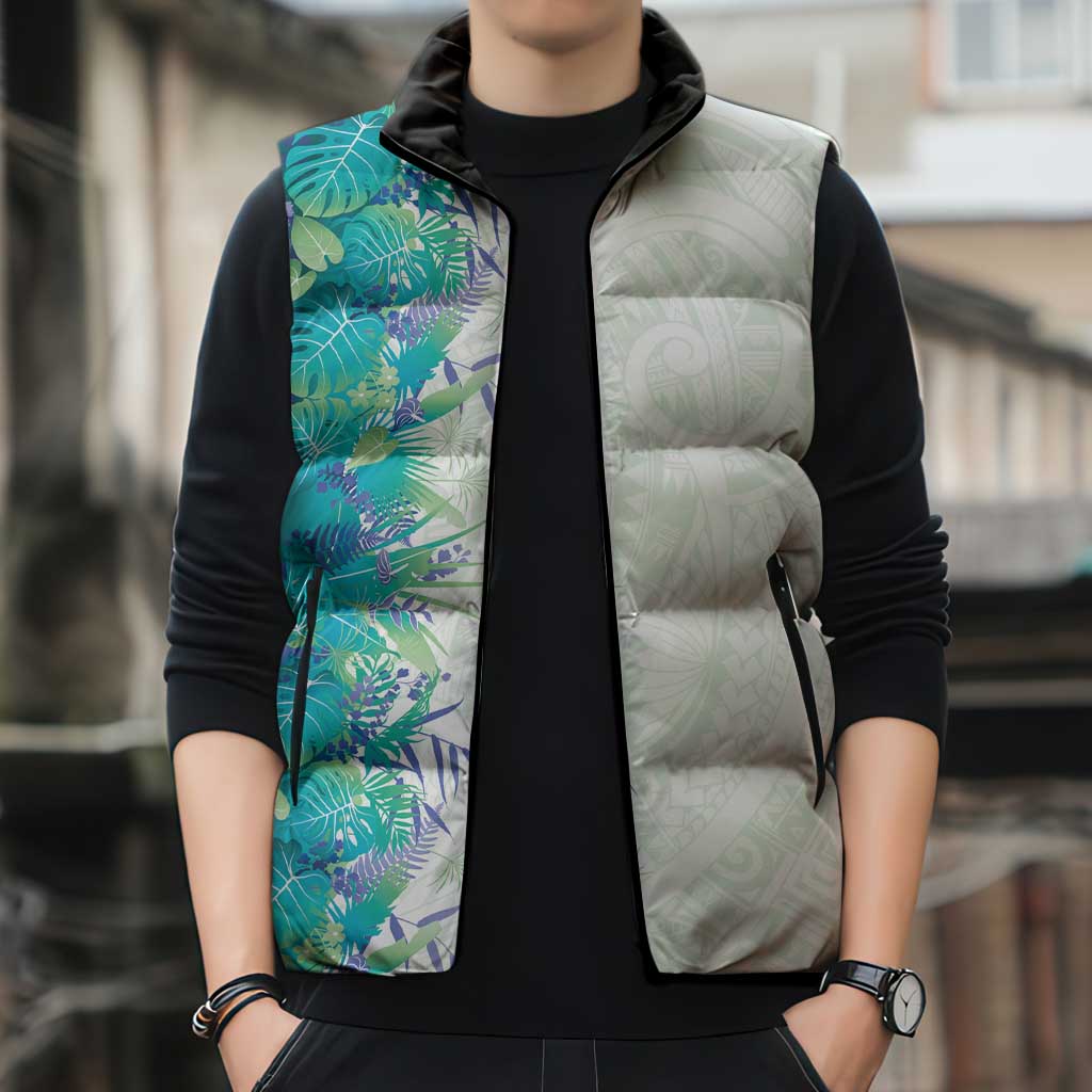 Hawaii Tropical Plant Teal Sleeveless Puffer Jacket Vibrant Polynesian Pattern