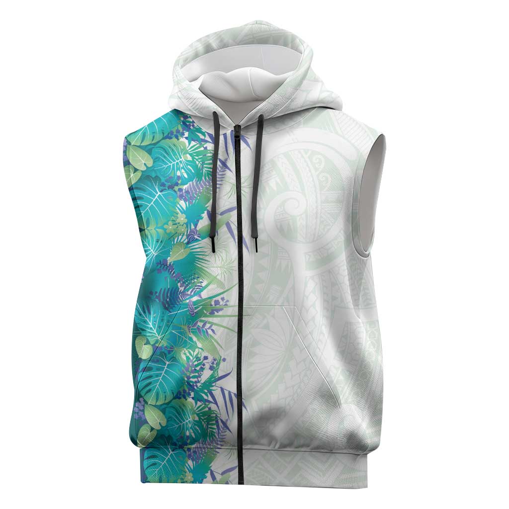 Hawaii Tropical Plant Teal Sleeveless Zip Hoodie Vibrant Polynesian Pattern