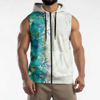 Hawaii Tropical Plant Teal Sleeveless Zip Hoodie Vibrant Polynesian Pattern