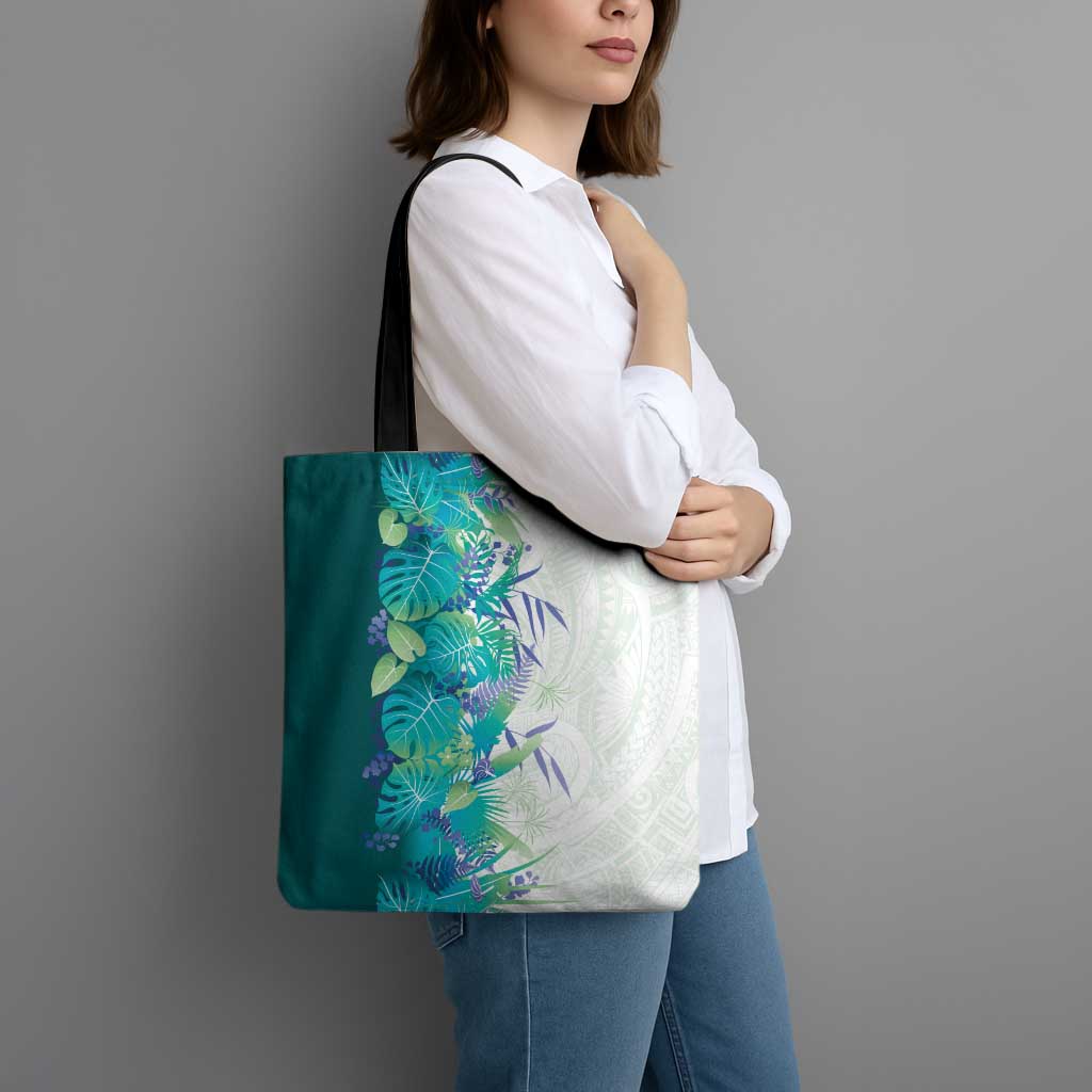 Hawaii Tropical Plant Teal Tote Bag Vibrant Polynesian Pattern