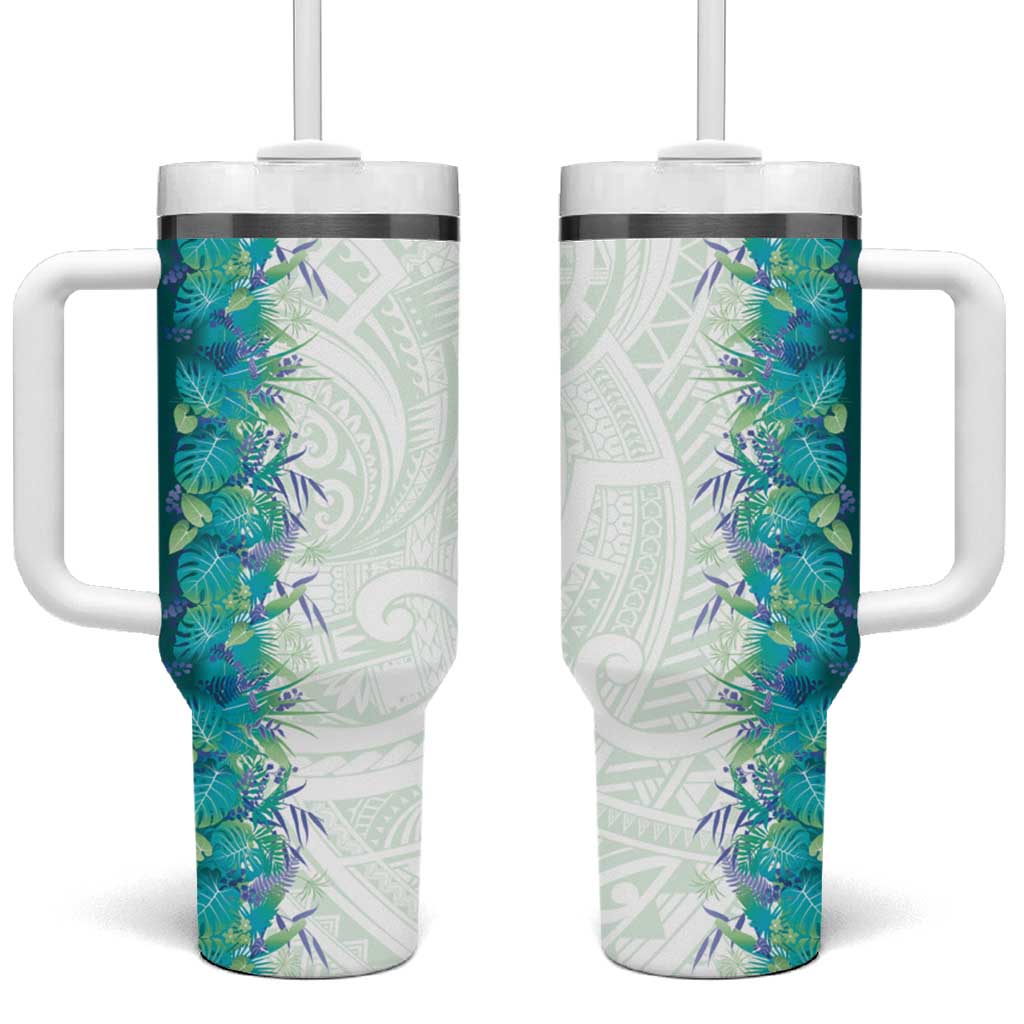 Hawaii Tropical Plant Teal Tumbler With Handle Vibrant Polynesian Pattern