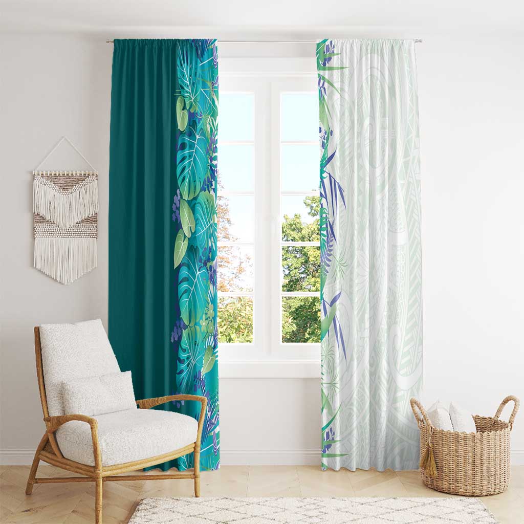Hawaii Tropical Plant Teal Window Curtain Vibrant Polynesian Pattern