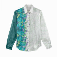 Hawaii Tropical Plant Teal Women Casual Shirt Vibrant Polynesian Pattern