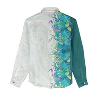 Hawaii Tropical Plant Teal Women Casual Shirt Vibrant Polynesian Pattern