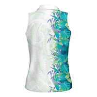 Hawaii Tropical Plant Teal Women Sleeveless Polo Shirt Vibrant Polynesian Pattern LT01 - Polynesian Pride