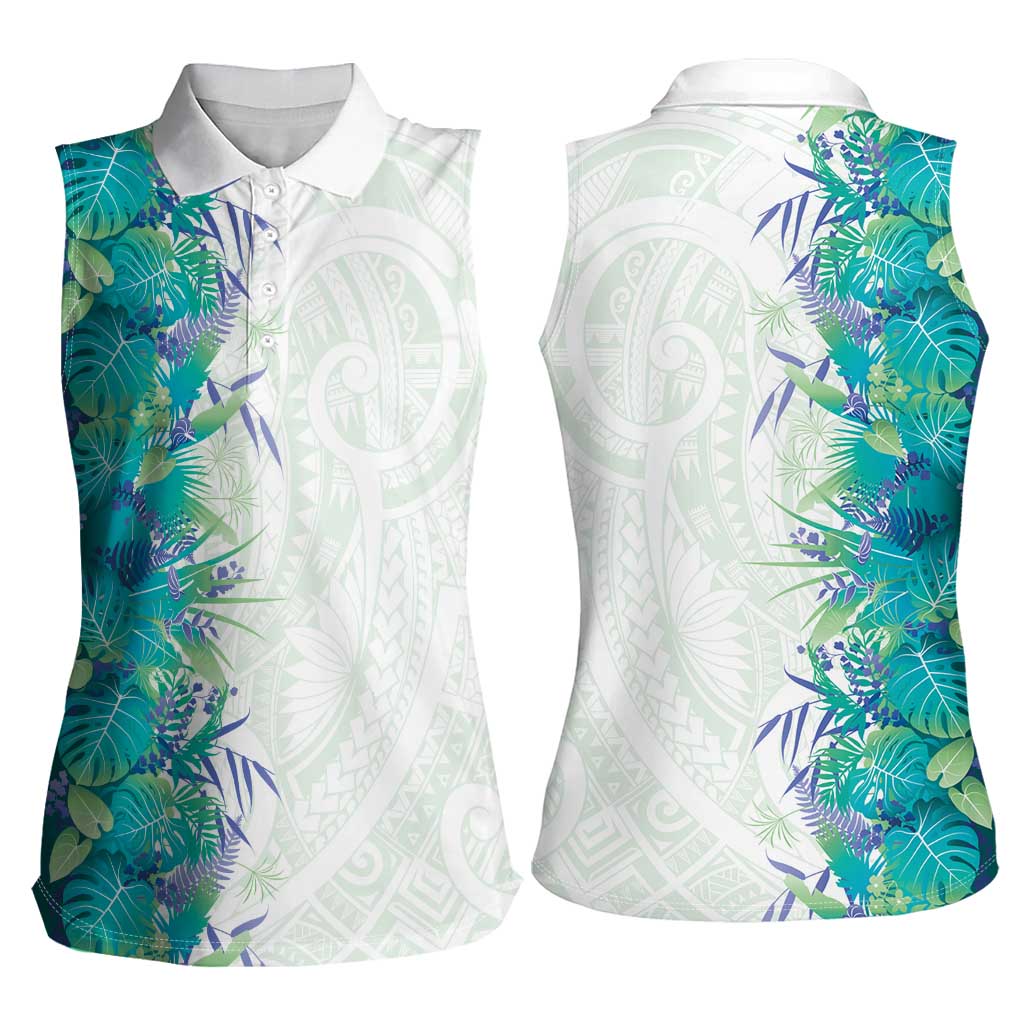 Hawaii Tropical Plant Teal Women Sleeveless Polo Shirt Vibrant Polynesian Pattern LT01 - Polynesian Pride