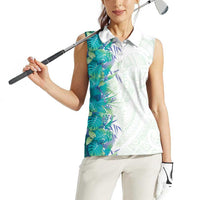 Hawaii Tropical Plant Teal Women Sleeveless Polo Shirt Vibrant Polynesian Pattern LT01 - Polynesian Pride