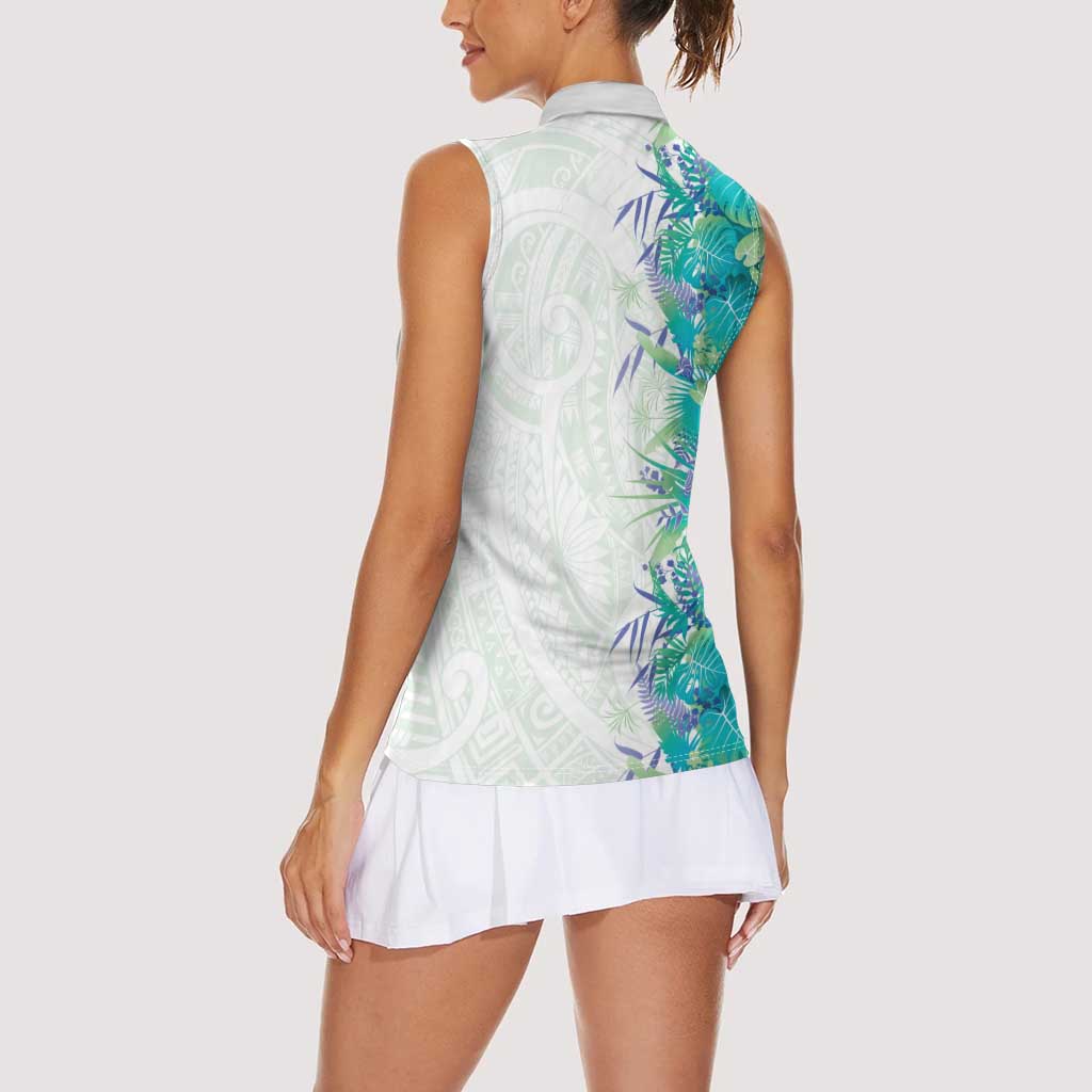 Hawaii Tropical Plant Teal Women Sleeveless Polo Shirt Vibrant Polynesian Pattern LT01 - Polynesian Pride