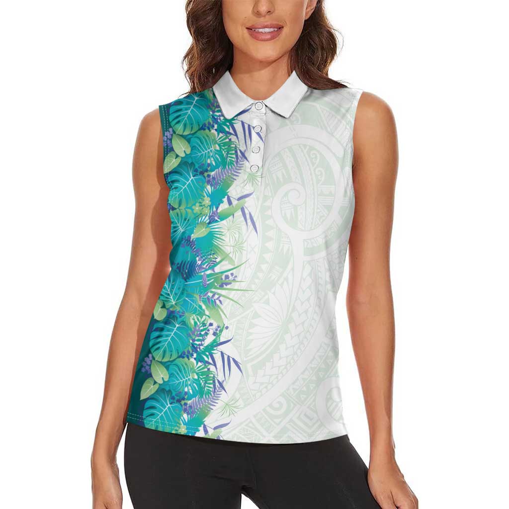 Hawaii Tropical Plant Teal Women Sleeveless Polo Shirt Vibrant Polynesian Pattern LT01 - Polynesian Pride