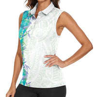 Hawaii Tropical Plant Teal Women Sleeveless Polo Shirt Vibrant Polynesian Pattern LT01 - Polynesian Pride