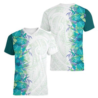 Hawaii Tropical Plant Teal Women V-Neck T-Shirt Vibrant Polynesian Pattern