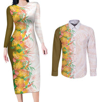 Hawaii Tropical Plant Lenalena Couples Matching Long Sleeve Bodycon Dress and Long Sleeve Button Shirt Vibrant Polynesian Pattern LT01 Yellow - Polynesian Pride