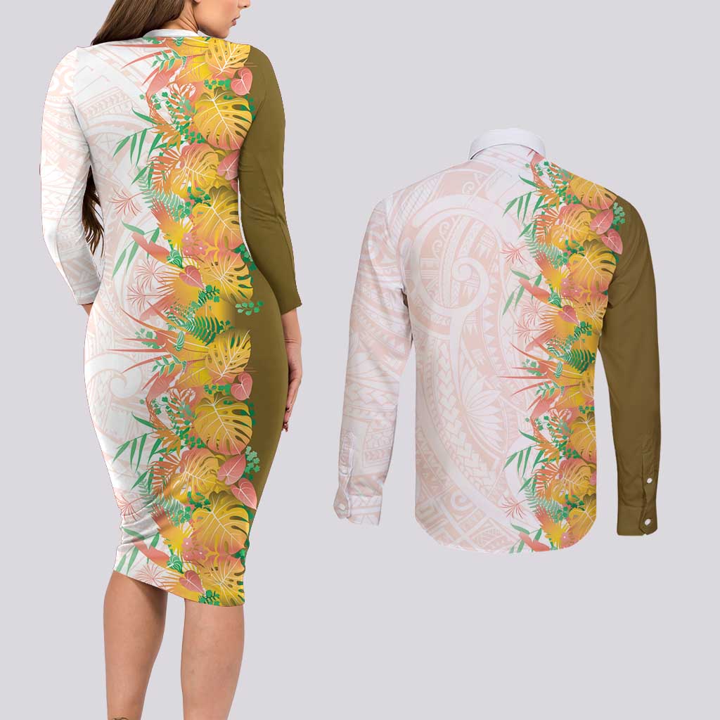 Hawaii Tropical Plant Lenalena Couples Matching Long Sleeve Bodycon Dress and Long Sleeve Button Shirt Vibrant Polynesian Pattern LT01 - Polynesian Pride