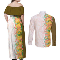Hawaii Tropical Plant Lenalena Couples Matching Off Shoulder Maxi Dress and Long Sleeve Button Shirt Vibrant Polynesian Pattern