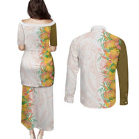 Hawaii Tropical Plant Lenalena Couples Matching Puletasi and Long Sleeve Button Shirt Vibrant Polynesian Pattern