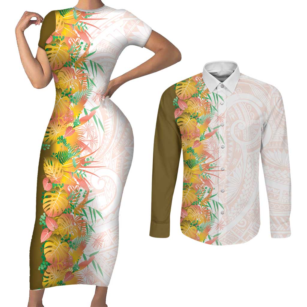 Hawaii Tropical Plant Lenalena Couples Matching Short Sleeve Bodycon Dress and Long Sleeve Button Shirt Vibrant Polynesian Pattern LT01 Yellow - Polynesian Pride