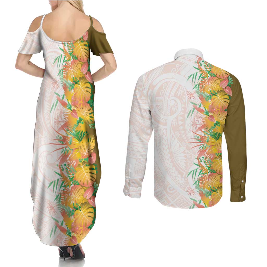 Hawaii Tropical Plant Lenalena Couples Matching Summer Maxi Dress and Long Sleeve Button Shirt Vibrant Polynesian Pattern