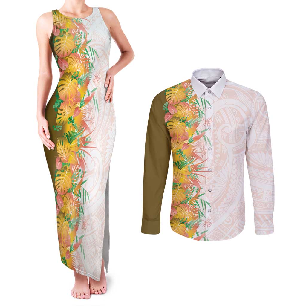 Hawaii Tropical Plant Lenalena Couples Matching Tank Maxi Dress and Long Sleeve Button Shirt Vibrant Polynesian Pattern LT01 Yellow - Polynesian Pride