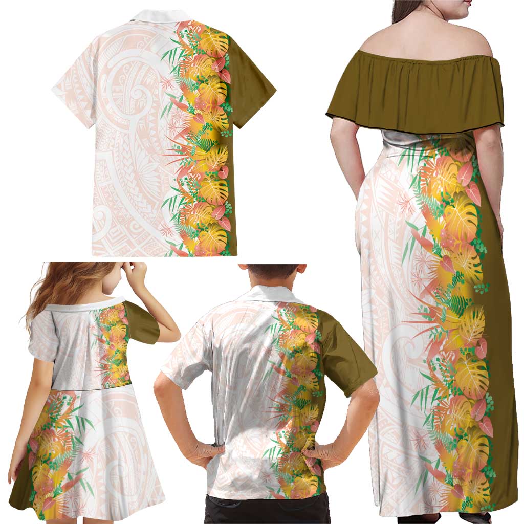 Hawaii Tropical Plant Lenalena Family Matching Off Shoulder Maxi Dress and Hawaiian Shirt Vibrant Polynesian Pattern
