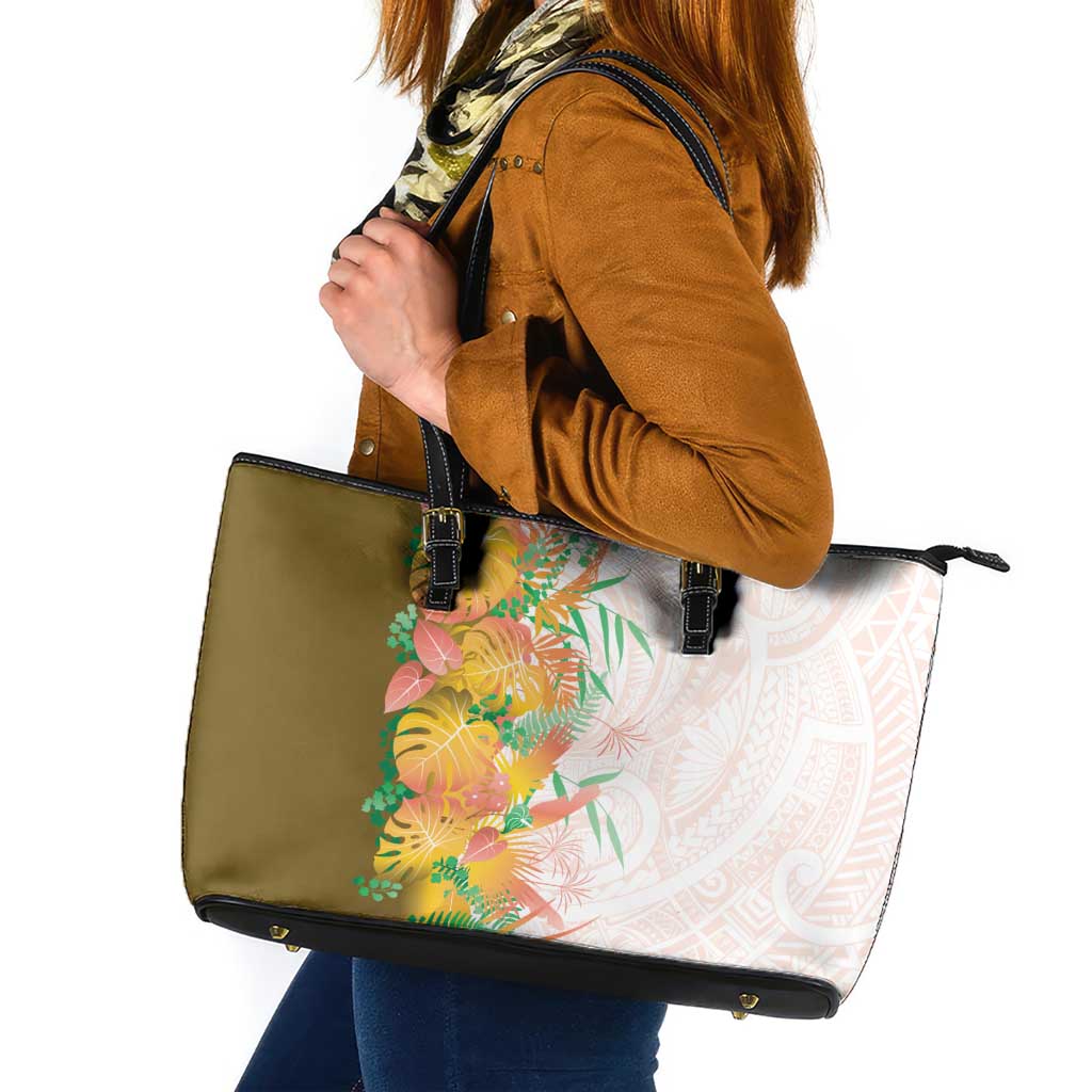 Hawaii Tropical Plant Lenalena Leather Tote Bag Vibrant Polynesian Pattern