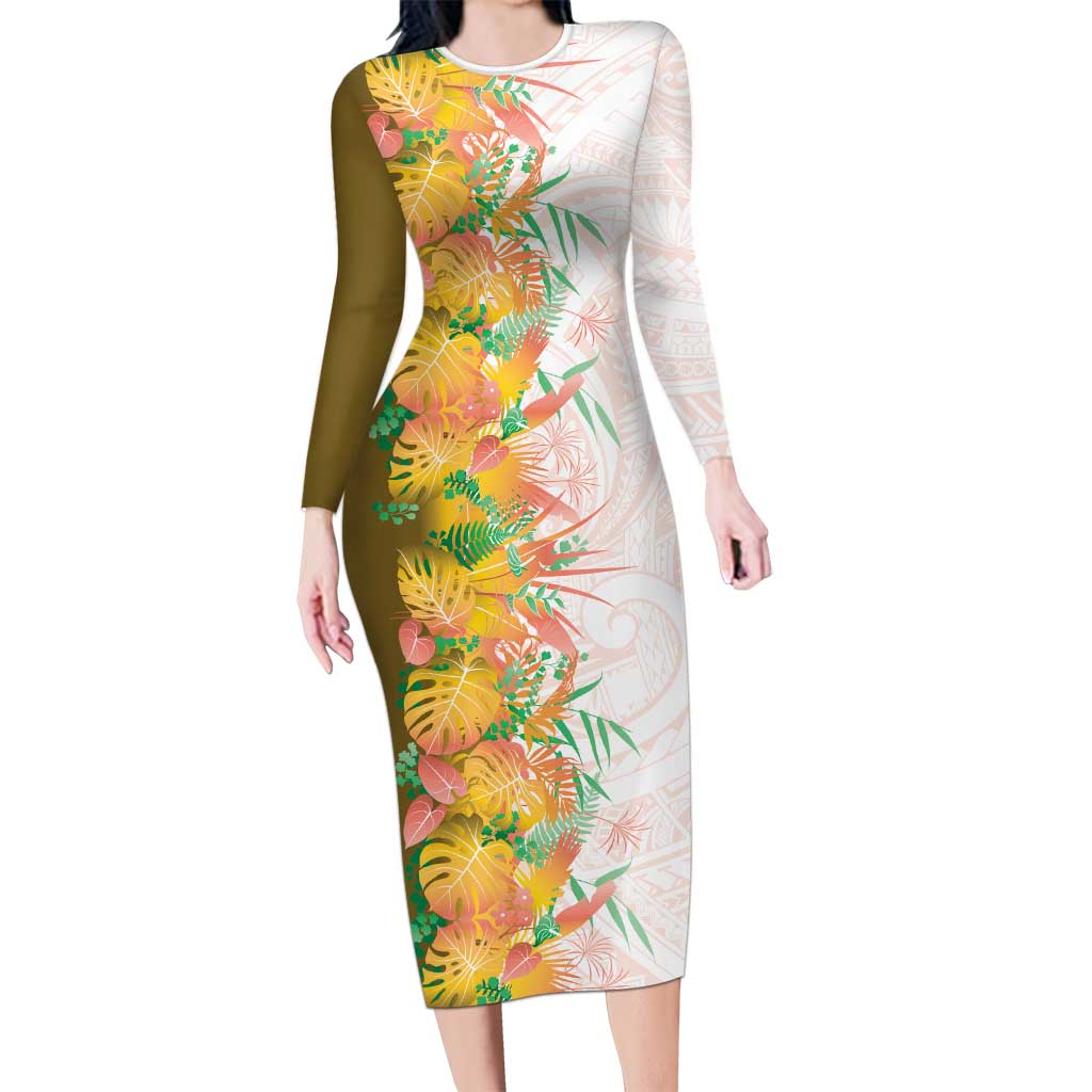 Hawaii Tropical Plant Lenalena Long Sleeve Bodycon Dress Vibrant Polynesian Pattern LT01 Long Dress Yellow - Polynesian Pride