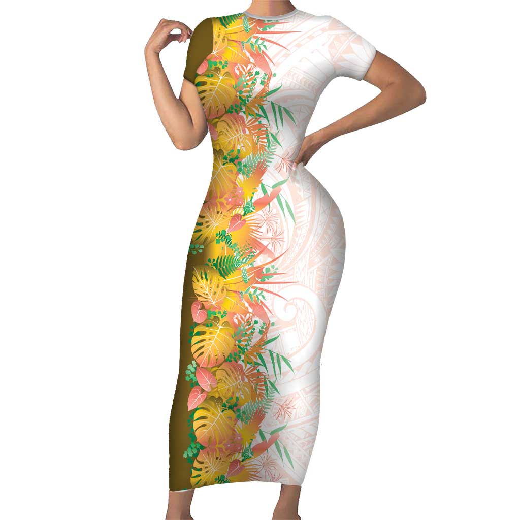 Hawaii Tropical Plant Lenalena Short Sleeve Bodycon Dress Vibrant Polynesian Pattern