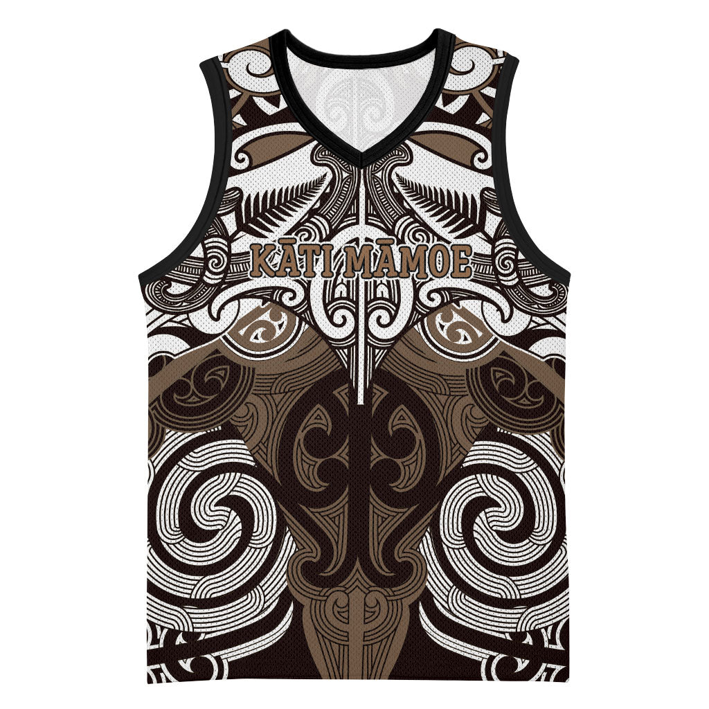Personalised Maori Kati Mamoe Basketball Jersey Silver Fern Kowhaiwhai Art LT01 Unisex Brown - Polynesian Pride