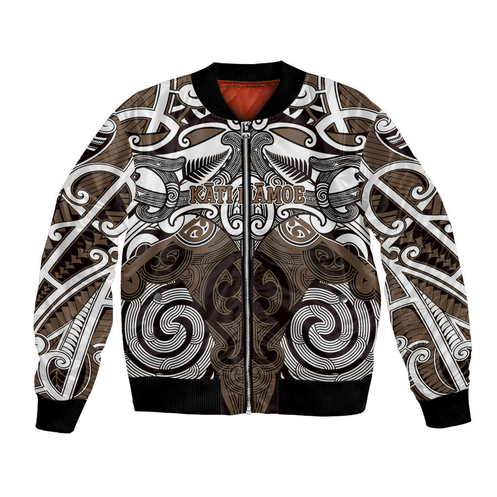 Personalised Maori Kati Mamoe Bomber Jacket Silver Fern Kowhaiwhai Art LT01 Unisex Brown - Polynesian Pride