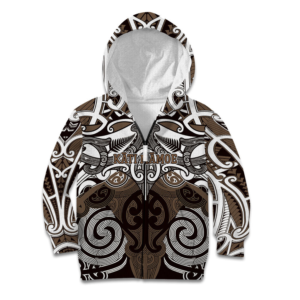 Personalised Maori Kati Mamoe Kid Hoodie Silver Fern Kowhaiwhai Art LT01 Zip Hoodie Brown - Polynesian Pride