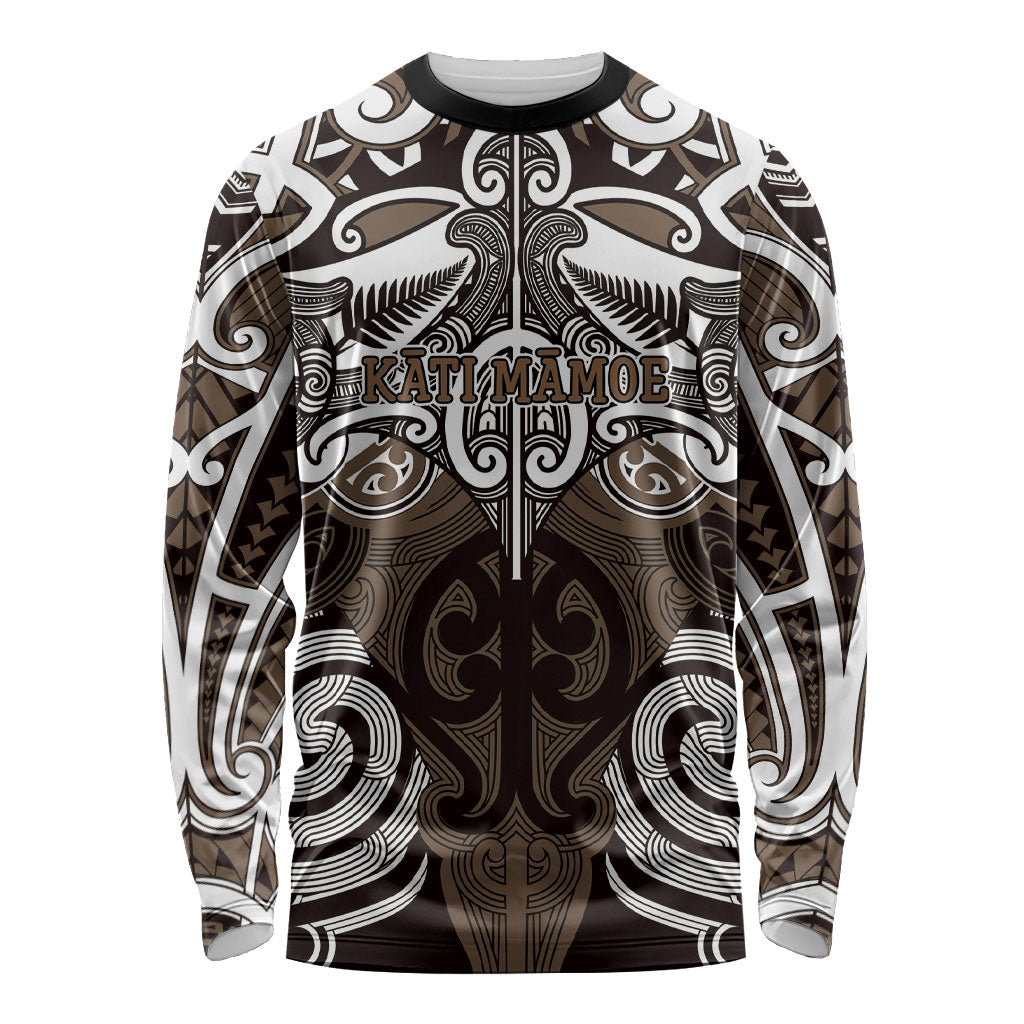 Personalised Maori Kati Mamoe Long Sleeve Shirt Silver Fern Kowhaiwhai Art LT01 Unisex Brown - Polynesian Pride