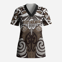 Personalised Maori Kati Mamoe Scrub Top Silver Fern Kowhaiwhai Art LT01 Adult Brown - Polynesian Pride