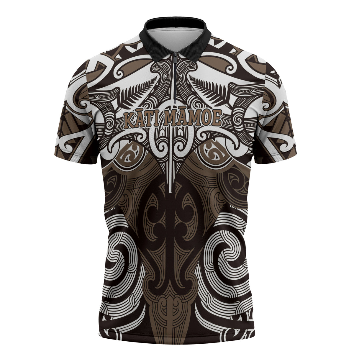 Personalised Maori Kati Mamoe Zipper Polo Shirt Silver Fern Kowhaiwhai Art LT01 Brown - Polynesian Pride