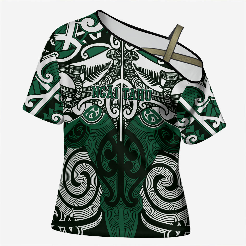Personalised Maori Ngai Tahu Cross Shoulder Shirt Silver Fern Kowhaiwhai Art LT01 Female Green - Polynesian Pride