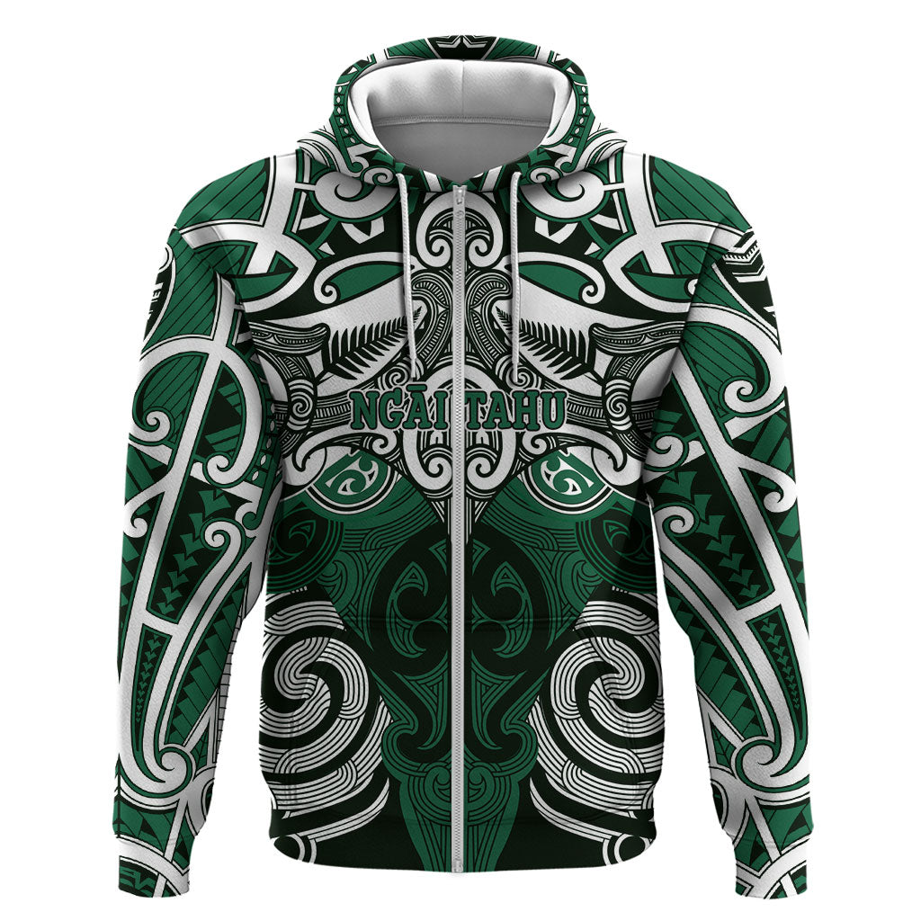 Personalised Maori Ngai Tahu Hoodie Silver Fern Kowhaiwhai Art LT01 Zip Hoodie Green - Polynesian Pride