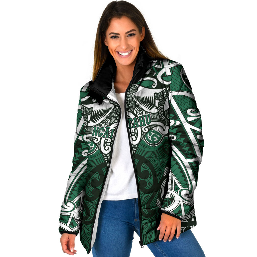 Personalised Maori Ngai Tahu Padded Jacket Silver Fern Kowhaiwhai Art LT01 Women Green - Polynesian Pride