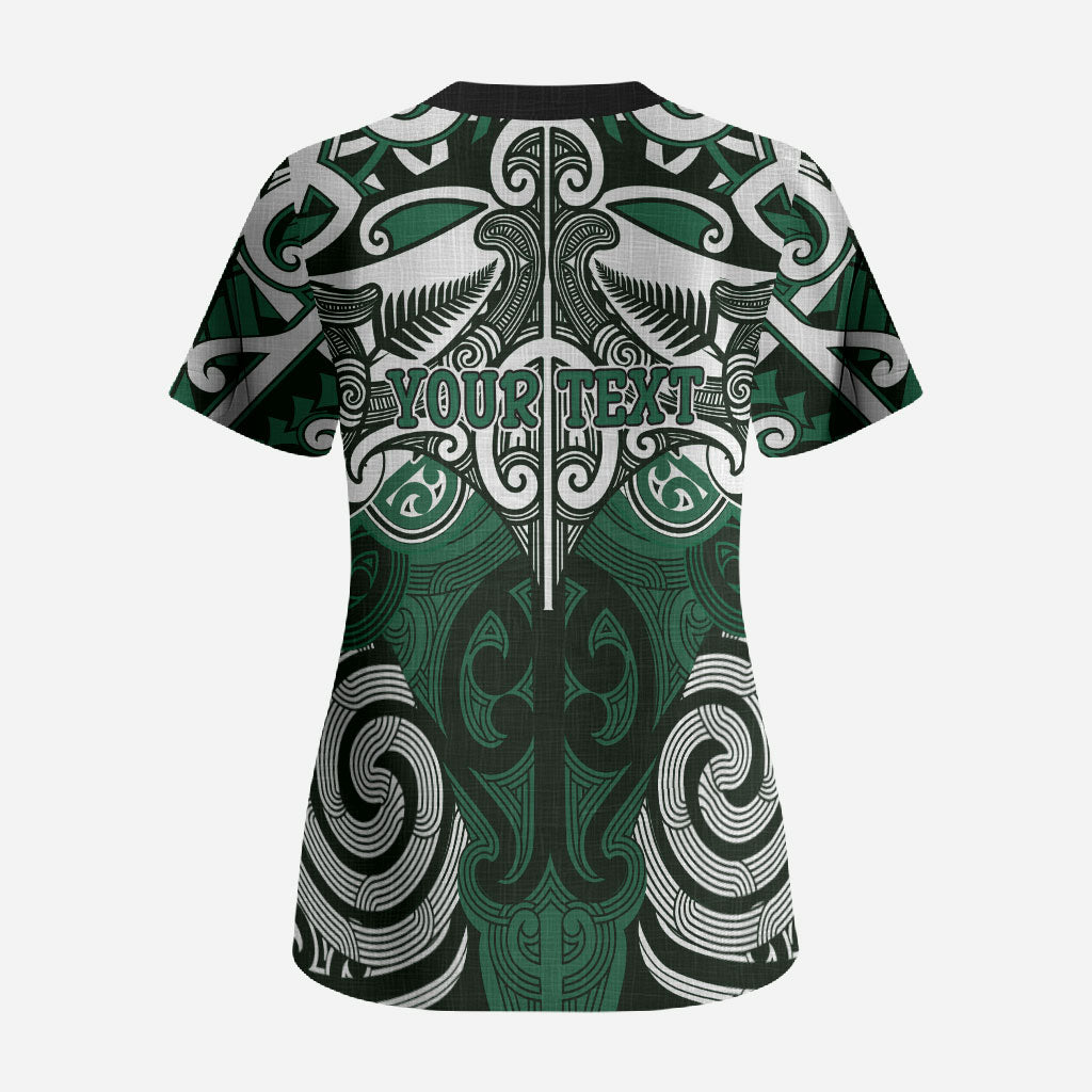 Personalised Maori Ngai Tahu Scrub Top Silver Fern Kowhaiwhai Art LT01 - Polynesian Pride
