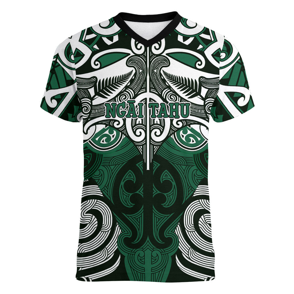 Personalised Maori Ngai Tahu Women V-Neck T-Shirt Silver Fern Kowhaiwhai Art LT01 Female Green - Polynesian Pride