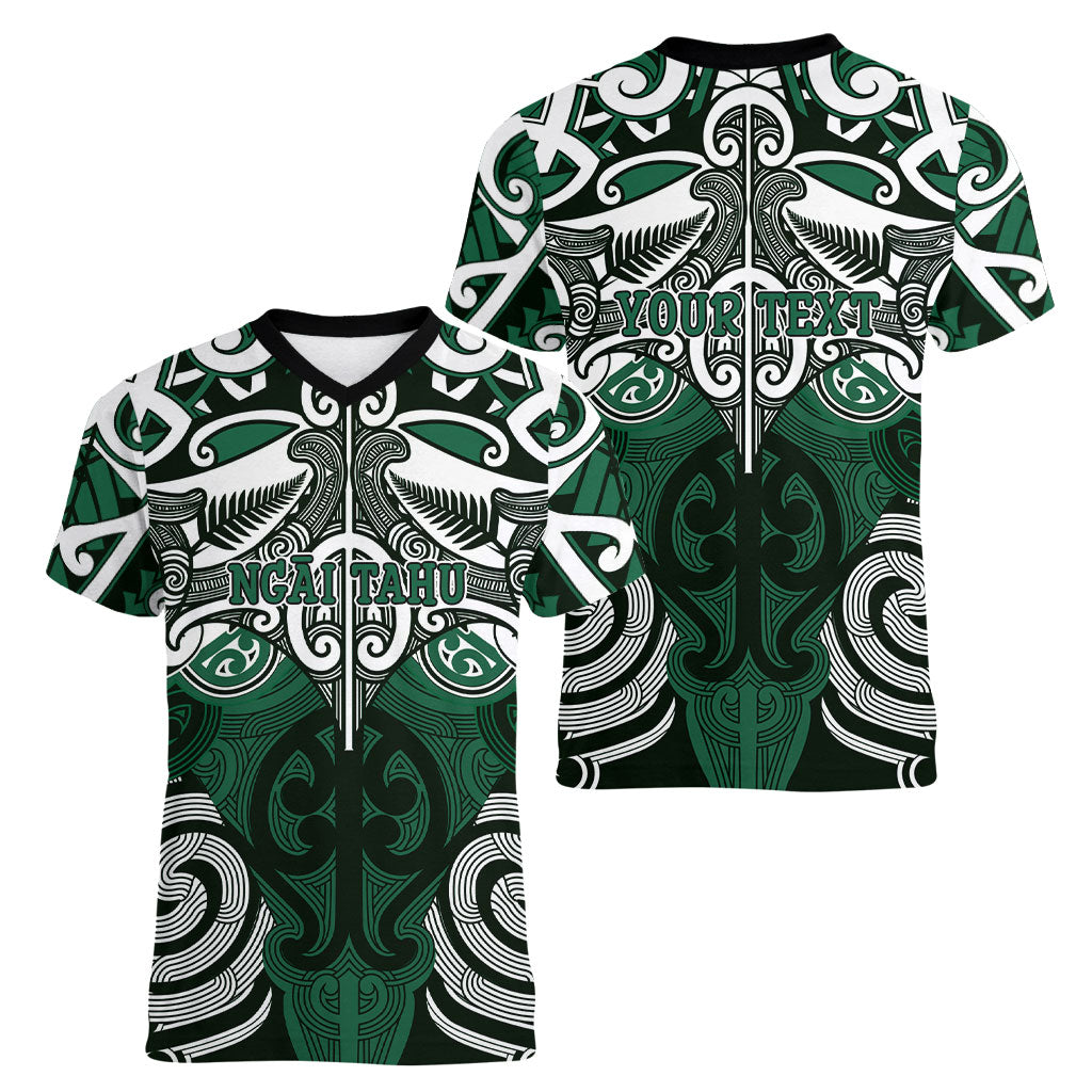 Personalised Maori Ngai Tahu Women V-Neck T-Shirt Silver Fern Kowhaiwhai Art LT01 - Polynesian Pride
