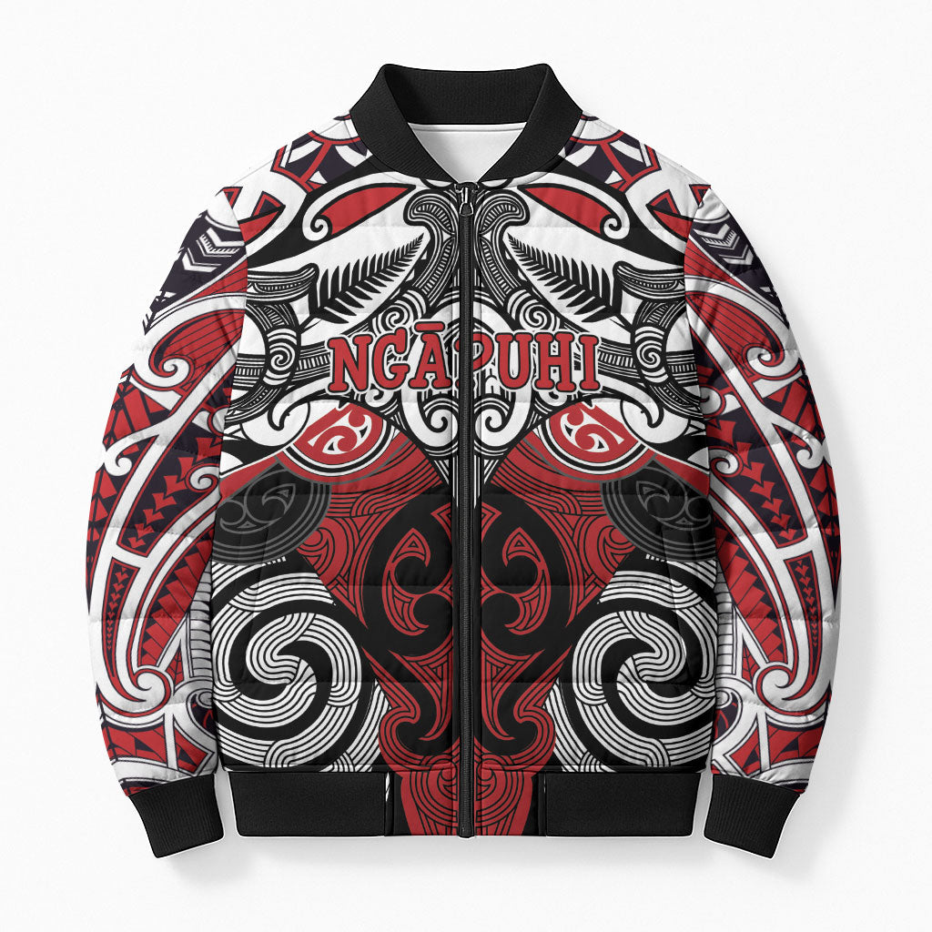 Personalised Maori Ngapuhi Bomber Puffer Jacket Silver Fern Kowhaiwhai Art LT01 Unisex Red - Polynesian Pride